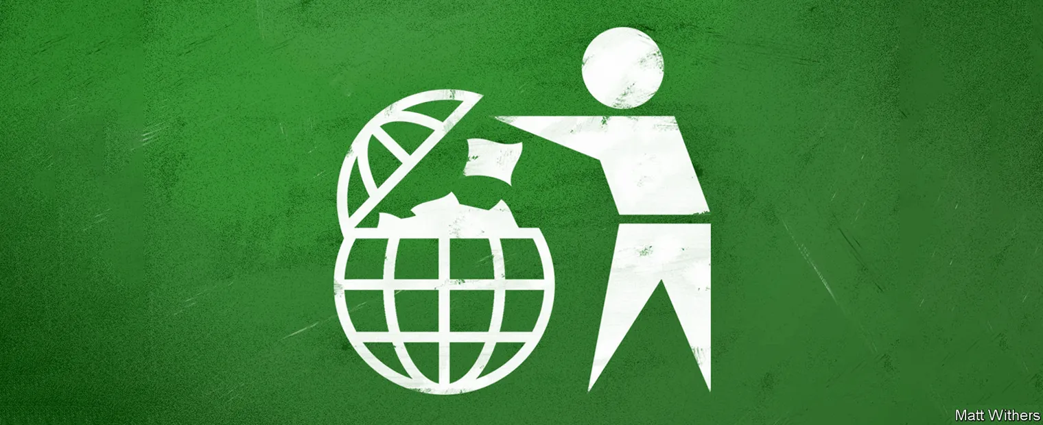 Stick figure throwing trash at a globe shaped bin.